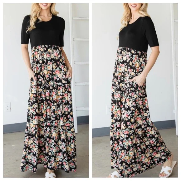 BOHO FLORAL COLOR BLOCK MAXI DRESS - Picture 4 of 6
